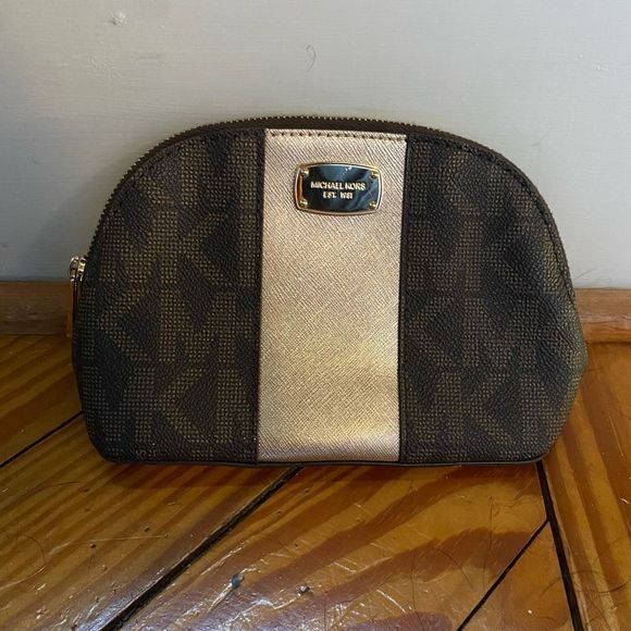 Michael Kors Travel Pouch Brown Gold Monogram Cosmetic Case - Picture 4 of 12
